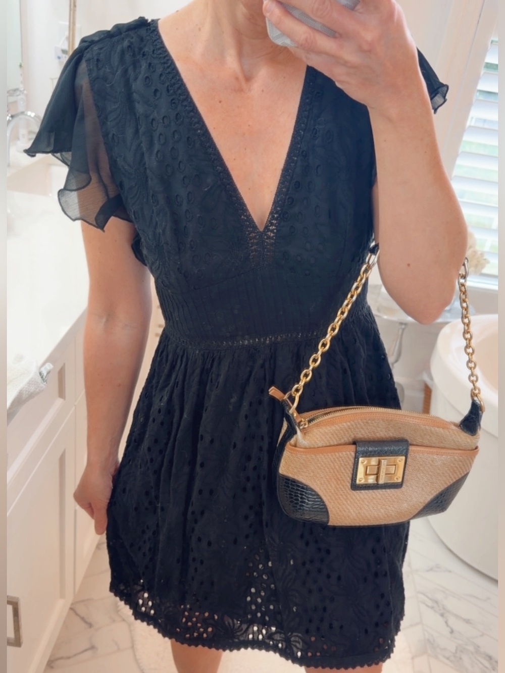 Dex Black Eyelet Mini Dress with Ruffled Sleeves S